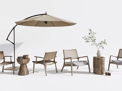 Stylish Outdoor Chairs With Rattan Design And Wooden Frame Including Umbrella Side Table And Plants 3d model