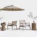 Stylish Outdoor Chairs With Rattan Design And Wooden Frame Including Umbrella Side Table And Plants