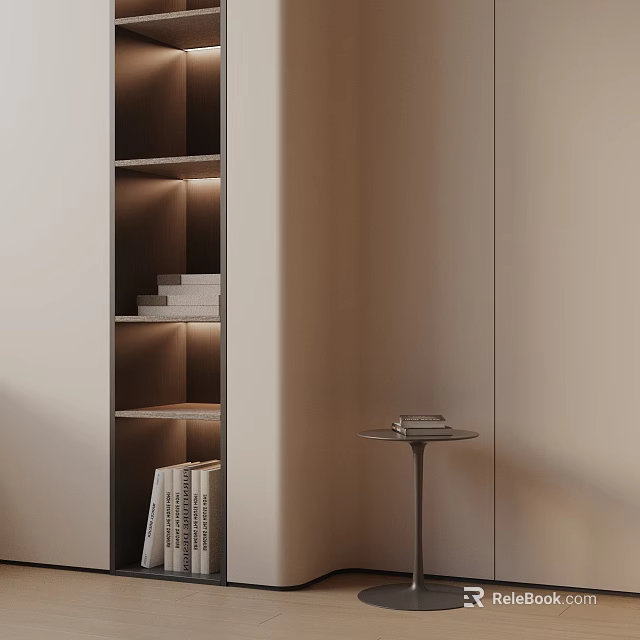 Modern Minimalist Side Table With Book And Lit Bookshelf Against Light Colored Walls 3d model 
