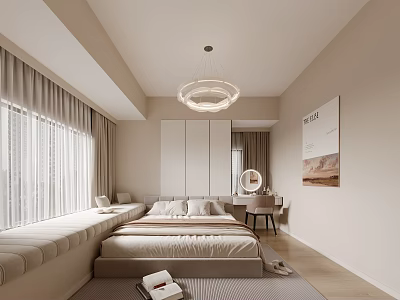 Modern Bedroom Interior With Large Windows Curtains Window Seat And Beige Tones 3d model