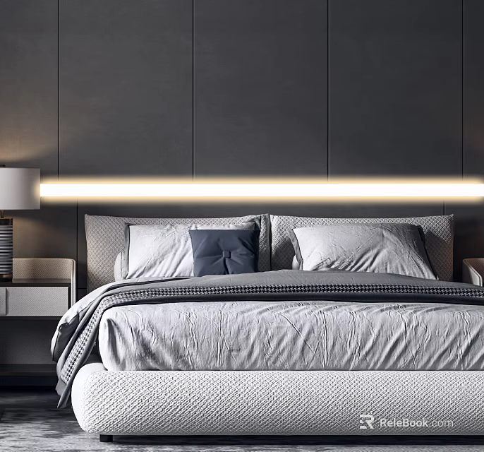 Modern Double Bed With Dark Gray Wall LED Light Strip And Gray Blue Pillows 3d model 