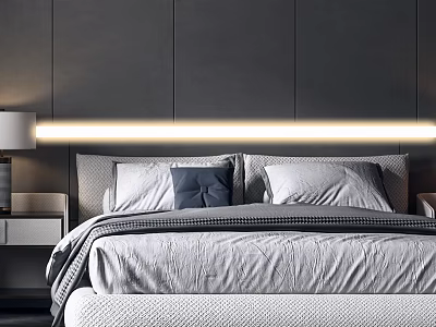Modern Double Bed With Dark Gray Wall LED Light Strip And Gray Blue Pillows 3d model