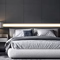 Modern Double Bed With Dark Gray Wall LED Light Strip And Gray Blue Pillows