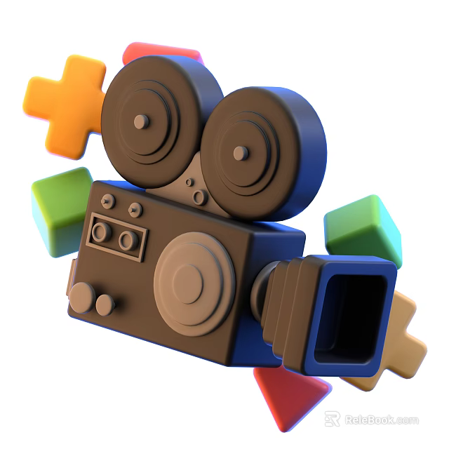 Projection Monitoring 3D Render Featuring Vintage Film Camera Colorful Crosses Cubes White Background 3d model 