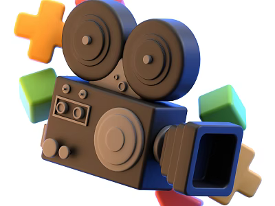 Projection Monitoring 3D Render Featuring Vintage Film Camera Colorful Crosses Cubes White Background 3d model