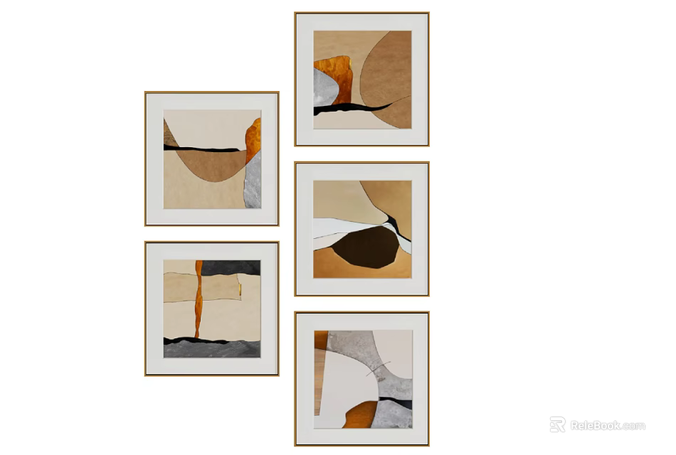 Abstract Paintings Set With Geometric Shapes Neutral Tones And Wooden Frames For Wall Decor 3d model