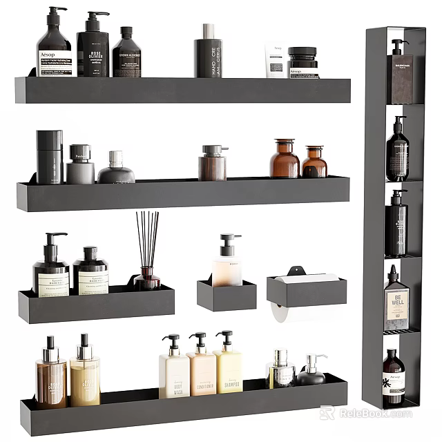 Stylish Bathroom Accessories Organized On Black Shelves With Soap Dispensers Lotion Bottles And Diffusers 3d model 
