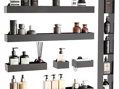 Stylish Bathroom Accessories Organized On Black Shelves With Soap Dispensers Lotion Bottles And Diffusers 3d model