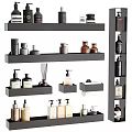 Stylish Bathroom Accessories Organized On Black Shelves With Soap Dispensers Lotion Bottles And Diffusers