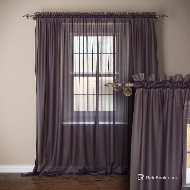 Purple Curtains with Sheer Layers for Window Pleated Top and Decorative Metal Rod 3d model 