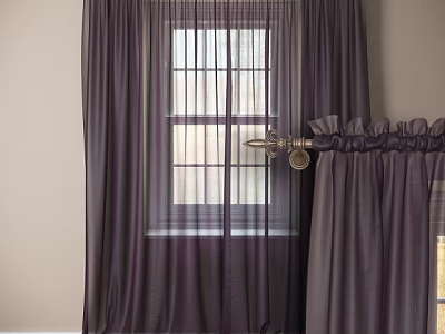 Purple Curtains with Sheer Layers for Window Pleated Top and Decorative Metal Rod 3d model