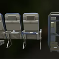 Three Blue Public Chairs With Metal Frame Next To Metal Storage Case