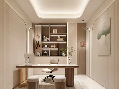 Modern Minimalist Office Interior With Bookshelf Desk Chair Green Plant And Soft Lighting 3d model