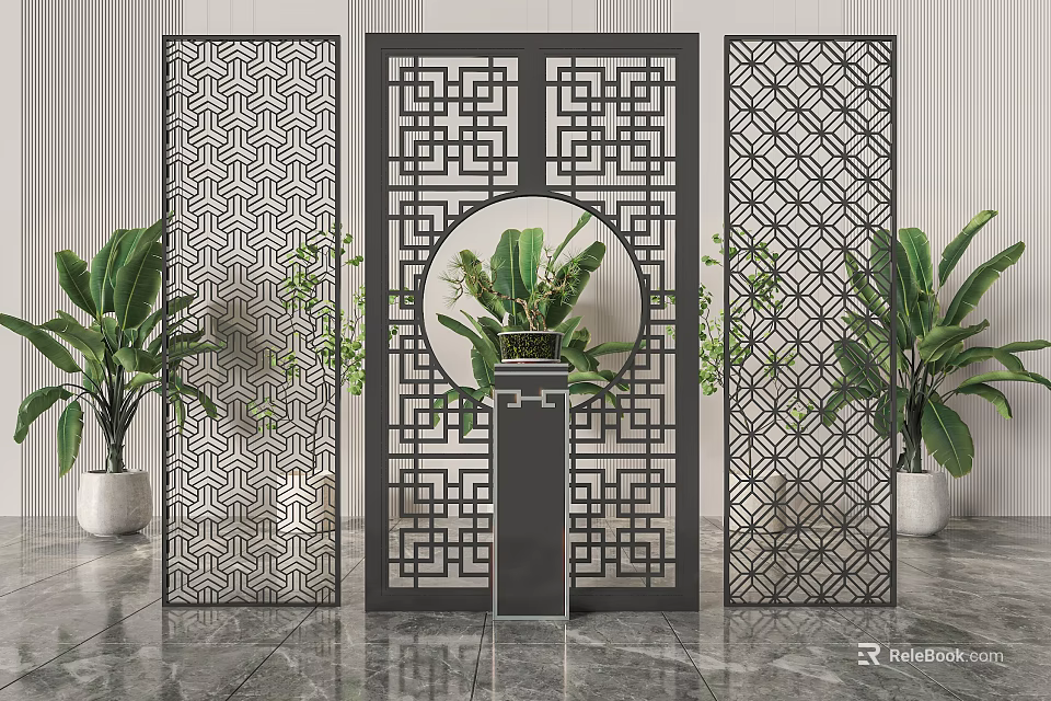 Modern Interior Room Divider Featuring Circular Cutout Geometric Patterns And Green Plants 3d model