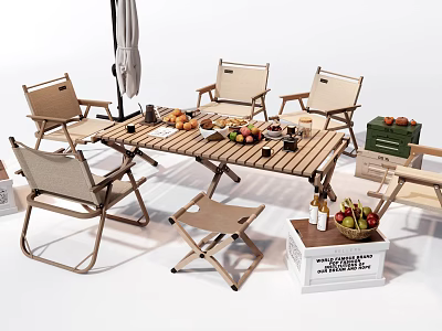 Outdoor Foldable Wooden Table And Lightweight Canvas Chairs Set For Patio Picnic 3d model