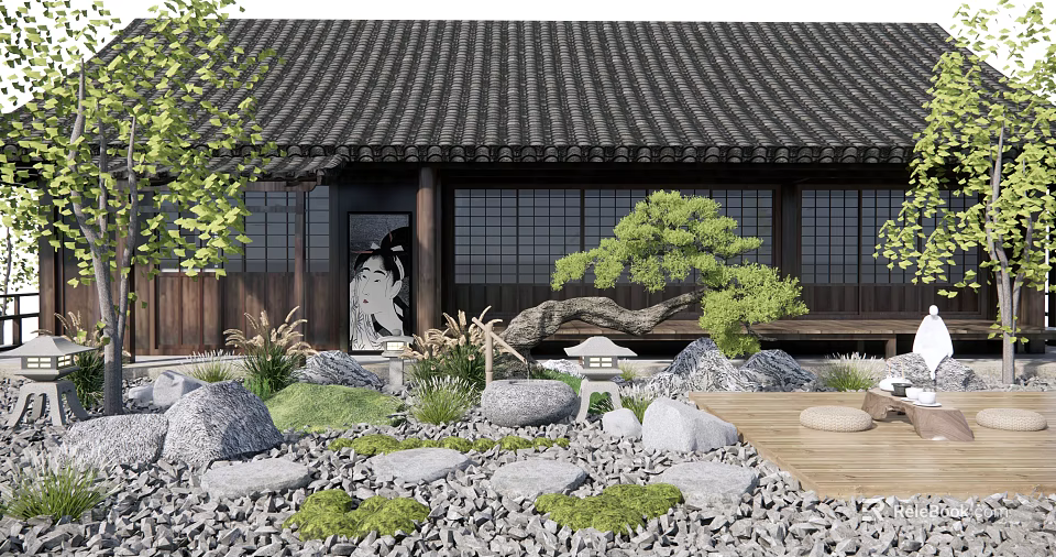 Traditional Karesansui Garden With Black Tiled Roof Wooden Structure Pine Tree Stones Gravel And Moss 3d model 