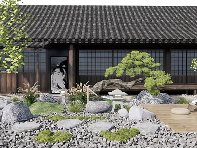 Traditional Karesansui Garden With Black Tiled Roof Wooden Structure Pine Tree Stones Gravel And Moss 3d model