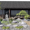 Traditional Karesansui Garden With Black Tiled Roof Wooden Structure Pine Tree Stones Gravel And Moss