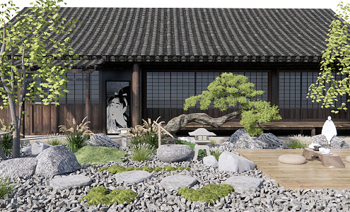 Japanese style landscape sketch dry landscape courtyard landscape Zen landscape sketch tea table tea set mountain stone pine landscape gardening landscape 3d model