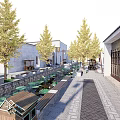 Traditional Commercial Street with Central Water Channel Lotus Leaves and Yellow Leaf Trees