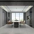 Elegant Modern Living And Dining Room Interior With Marble Walls Black Leather Sofa And Fireplace
