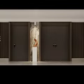 Modern Elevator Hallway Interior Design With Wooden Panel Walls Decorative Painting Green Plants And Stone Ornaments