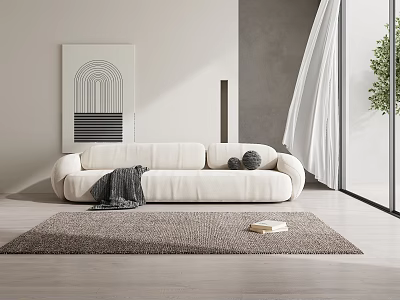 Modern White Multi Seater Sofa In Living Room With Area Rug And Wall Art 3d model