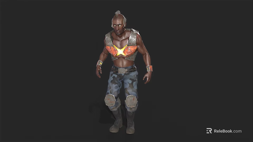 A Man Wearing Colorful Chest Armor Camouflage Pants Knee Pads And Boots 3d model 