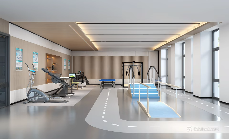 Modern Rehabilitation Training Facility With Equipment And Ramp 3d model 