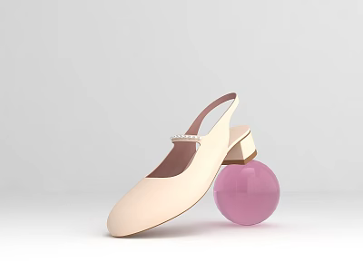 Beige Slingback Shoes With Low Heel Decorative Buckle And Pink Sphere 3d model