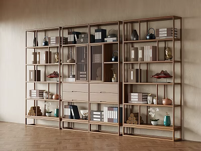 Rustic Wooden Bookshelf with Multiple Compartments Holding Books Decorations and Vases 3d model
