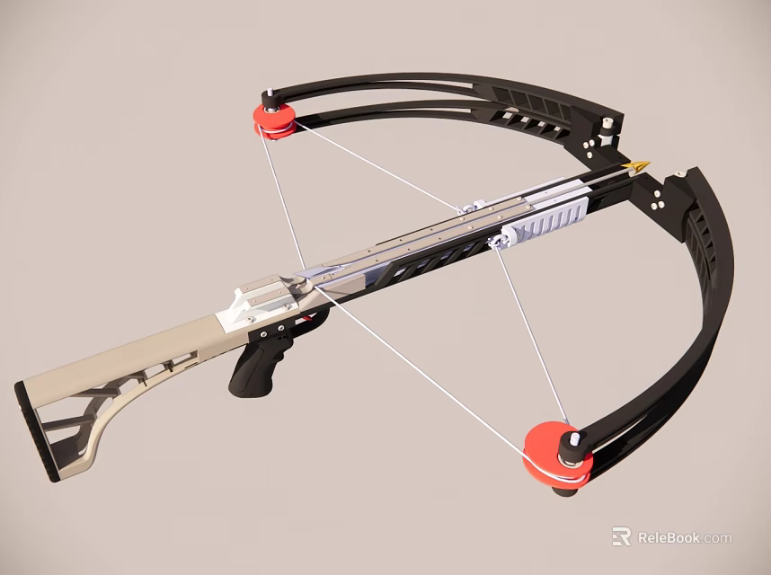 Modern Black Silver Crossbow with Red Accents Grip and String Design 3d model