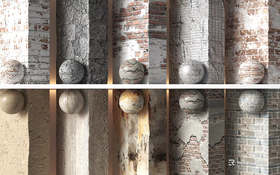 Diverse Textured Wall Surfaces Showcasing Brick Cracked And Spherical Decor Elements 3d model