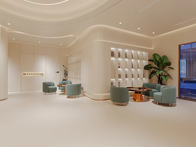 Elegant Modern Beauty Hair Salon Interior With Curved Walls Light Green Sofas Green Plant 3d model