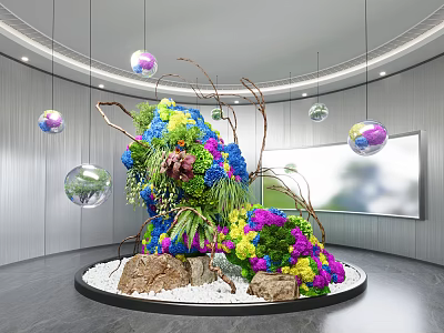 Garden Art Installation with Colorful Flowers Stones White Pebbles Hanging Spheres in Modern Indoor Space 3d model