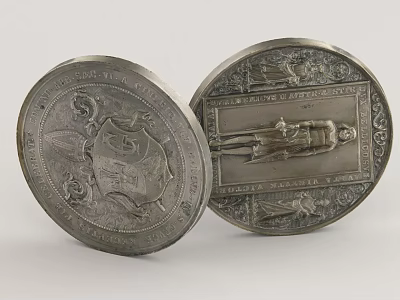 Vintage Brass Round Decorative Household Items With Engraved Shield And Figure Designs 3d model