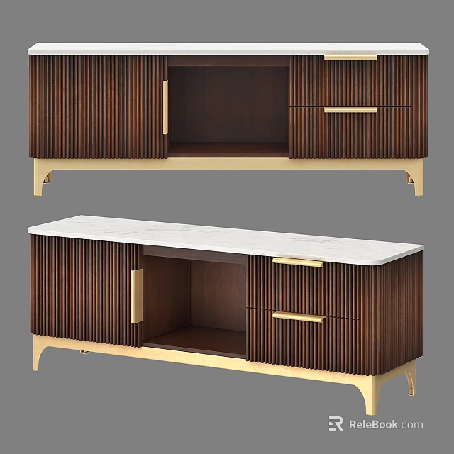 Modern Luxury TV Stand With Wooden Slats Gold Handles Storage Drawers And White Marble Top 3d model 