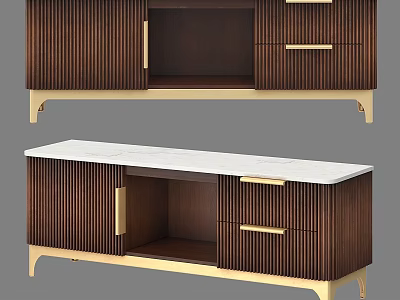 Modern Luxury TV Stand With Wooden Slats Gold Handles Storage Drawers And White Marble Top 3d model