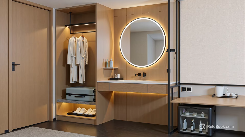 Wooden Bathroom Vanity With Backlit Round Mirror Hanging Bathrobes And Slippers 3d model 