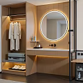 Wooden Bathroom Vanity With Backlit Round Mirror Hanging Bathrobes And Slippers