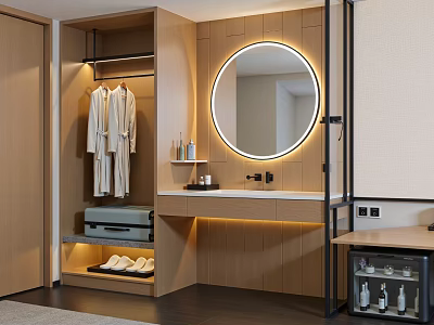Wooden Bathroom Vanity With Backlit Round Mirror Hanging Bathrobes And Slippers 3d model