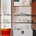 Stylish Cosmetic Display Shelves With White Orange Design Advertising Panels Lipsticks And Bottles