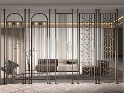 Modern Room Divider With Metal Frame And Geometric Pattern In Living Space 3d model