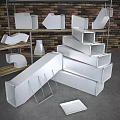 Industrial Metal Pipe Fittings in Various Shapes on Shelves with Brick Wall