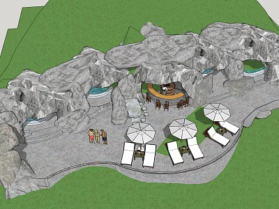 Outdoor Rock Formation Leisure Space With Round Bar Counter Umbrella Lounge Chairs And Pools 3d model