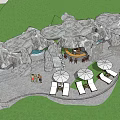 Outdoor Rock Formation Leisure Space With Round Bar Counter Umbrella Lounge Chairs And Pools