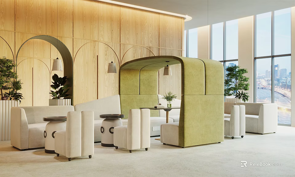 Modern Public Chair With Green Canopy Design Wooden Walls Arched Details And Round Tables 3d model 