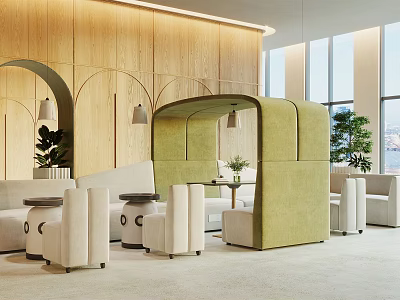 Modern Public Chair With Green Canopy Design Wooden Walls Arched Details And Round Tables 3d model