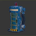 Blue Cylindrical Sci Fi Robot Device With Red Top Light Warning Stripes And Flexible Hose 3d model