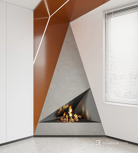 Modern Triangular Fireplace Design With Concrete Finish Burning Wood And Flames 3d model